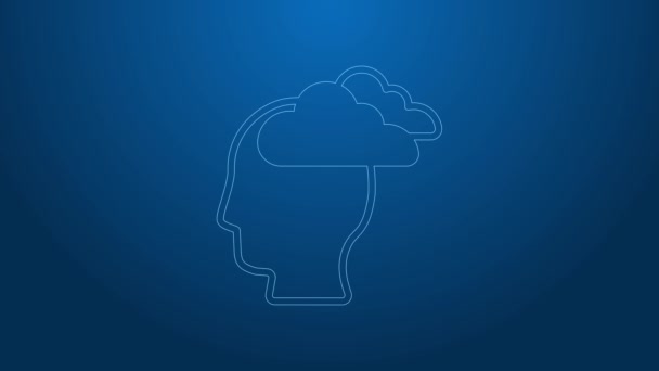 White line Man having headache, migraine icon isolated on blue background. 4K Video motion graphic animation — Stock Video