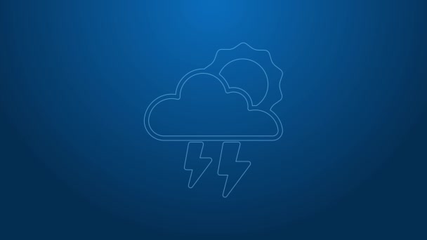 Weiße Linie Sturm Symbol isoliert auf blauem Hintergrund. Wolke mit Blitz und Sonnenzeichen. Wetterikone des Sturms. 4K Video Motion Grafik Animation — Stockvideo