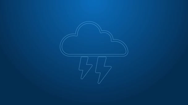 Línea blanca Icono de tormenta aislado sobre fondo azul. Nube y relámpago. Icono del tiempo de tormenta. Animación gráfica de vídeo 4K — Vídeos de Stock