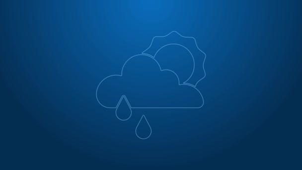 White line Cloud with rain and sun icon isolated on blue background. Rain cloud precipitation with rain drops. 4K Video motion graphic animation — Stock Video