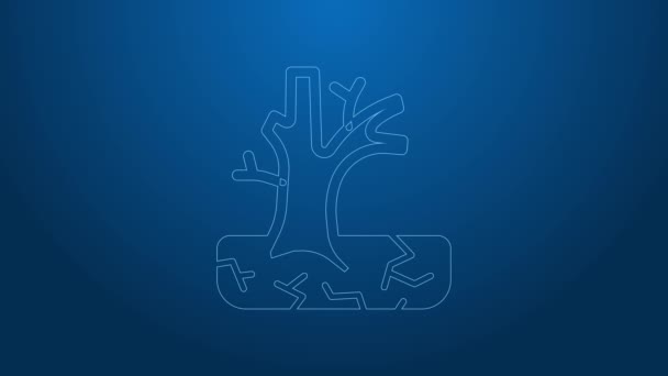 Weiße Linie Verwelktes Baumsymbol isoliert auf blauem Hintergrund. Kahler Baum. Silhouette toter Bäume. 4K Video Motion Grafik Animation — Stockvideo