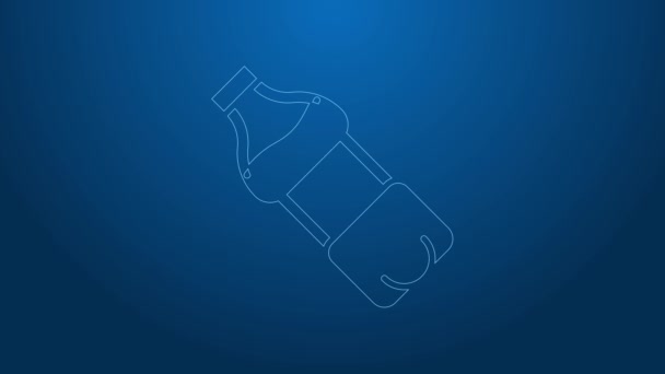 Línea blanca Icono de botella de agua aislado sobre fondo azul. Signo de bebida de soda aqua. Animación gráfica de vídeo 4K — Vídeos de Stock