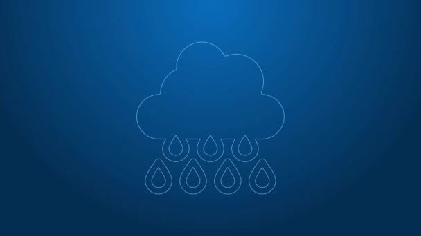 Nube de línea blanca con icono de lluvia aislado sobre fondo azul. precipitación de nubes de lluvia con gotas de lluvia. Animación gráfica de vídeo 4K — Vídeos de Stock