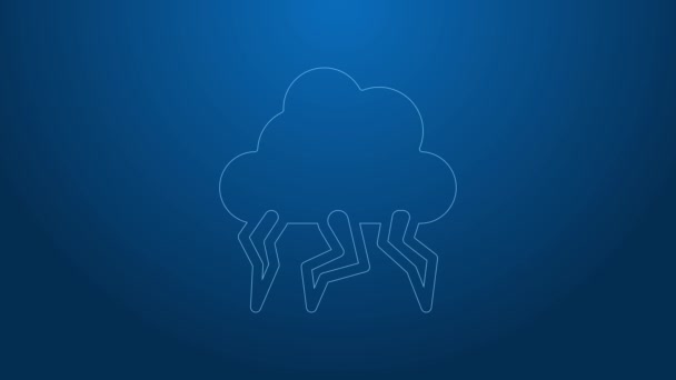 Biała ikona burzy odizolowana na niebieskim tle. Chmura i piorun. Ikona pogody. 4K Animacja graficzna ruchu wideo — Wideo stockowe