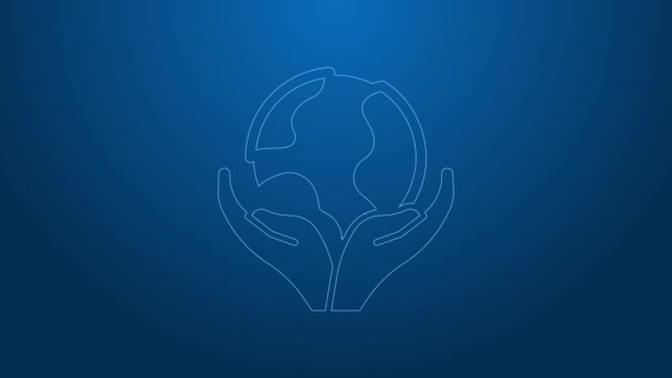 White line Human hand holding Earth globe icon isolated on blue background. Save earth concept. 4K Video motion graphic animation — Stock Video