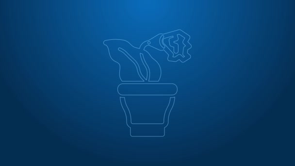 포트 아이콘의 화이트 라인 플로우는 파란 배경에 분리되어 있다. 화분에 식물이 자라고 있다. 식물 표지판이야. 4K 비디오 모션 그래픽 애니메이션 — 비디오