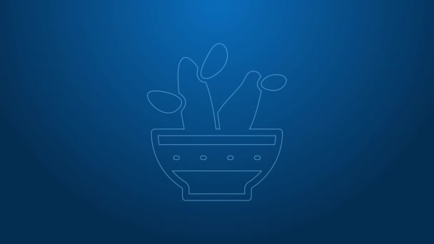 White line Cactus peyote in pot icon isolated on blue background. Plant growing in a pot. Potted plant sign. 4K Video motion graphic animation — Stock Video