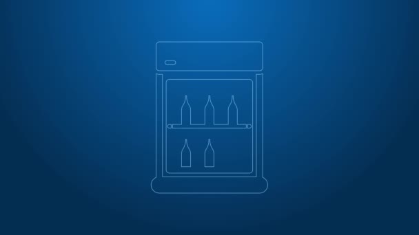 Weiße Linie Kommerzieller Kühlschrank, um Getränke isoliert auf blauem Hintergrund zu speichern. Verderbliche Güter für Geschäft oder Supermarkt. 4K Video Motion Grafik Animation — Stockvideo