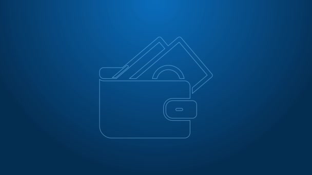 Weiße Linie Brieftasche mit Stapeln Papiergeld Bargeld Symbol isoliert auf blauem Hintergrund. Portemonnaie. Bargeldsparsymbol. 4K Video Motion Grafik Animation — Stockvideo