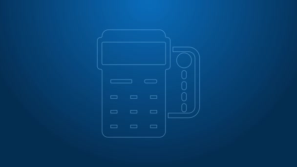 POS-терминал "Белая линия" с вставкой кредитной карты и печатным значком рецепта изолирован на синем фоне. Концепция оплаты NFC. Видеографическая анимация 4K — стоковое видео