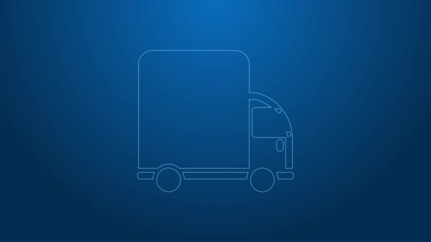 White line Delivery cargo truck icon isolated on blue background. Видеографическая анимация 4K — стоковое видео