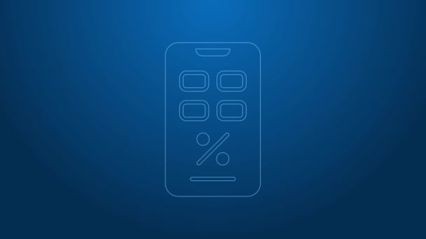 Vit linje Procent rabatt och mobiltelefon ikon isolerad på blå bakgrund. Försäljning procent - pris etikett, tag. 4K Video motion grafisk animation — Stockvideo