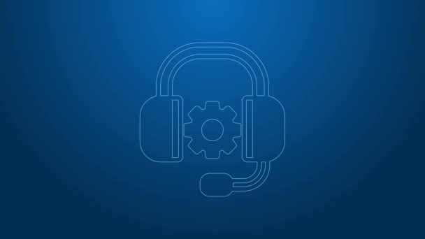 Icono de auriculares de línea blanca aislado sobre fondo azul. Servicio al cliente de soporte, línea directa, centro de llamadas, preguntas frecuentes, mantenimiento. Animación gráfica de vídeo 4K — Vídeo de stock