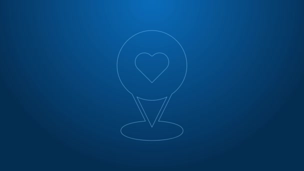 Línea blanca Puntero de mapa con icono del corazón aislado sobre fondo azul. Día de San Valentín. Ubicación del amor. Pin de mapa romántico. Animación gráfica de vídeo 4K — Vídeos de Stock