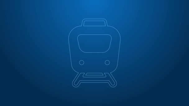 Línea blanca Icono del tren aislado sobre fondo azul. Símbolo de transporte público. Transporte en tren subterráneo. Metro subterráneo. Animación gráfica de vídeo 4K — Vídeos de Stock