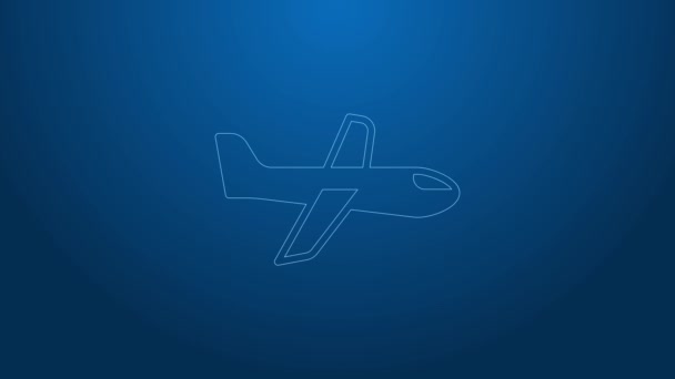 Beyaz çizgi düzlem simgesi mavi arkaplanda izole edildi. Uçan uçak ikonu. Uçak tabelası. 4K Video hareketli grafik canlandırması — Stok video