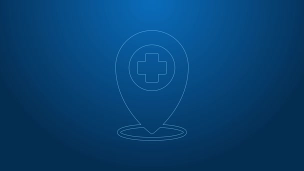 White line Medical map pointer with cross hospital icon isolated on blue background. 4K Video motion graphic animation — Stock Video