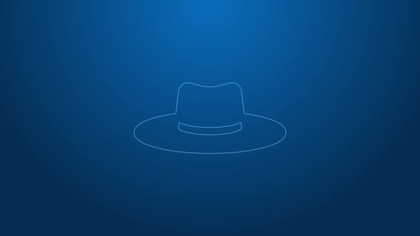 Línea blanca Icono de sombrero de jardinero, agricultor o trabajador agrícola aislado sobre fondo azul. Animación gráfica de vídeo 4K — Vídeos de Stock