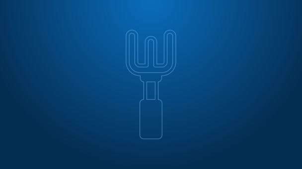 White line Garden rake icon isolated on blue background. Tool for horticulture, agriculture, farming. Ground cultivator. Housekeeping equipment. 4K Video motion graphic animation — Stock Video