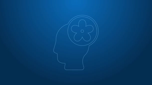 White line Human head with flower inside icon isolated on blue background. 4K Video motion graphic animation — Stock Video