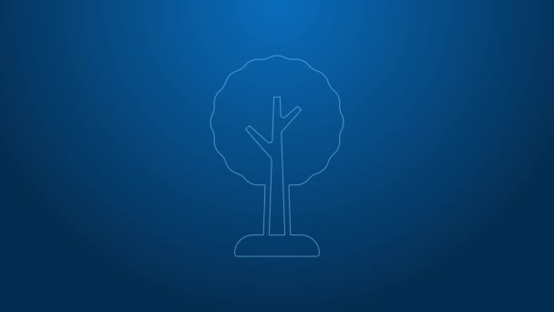 Icono de árbol de línea blanca aislado sobre fondo azul. Símbolo forestal. Animación gráfica de vídeo 4K — Vídeo de stock