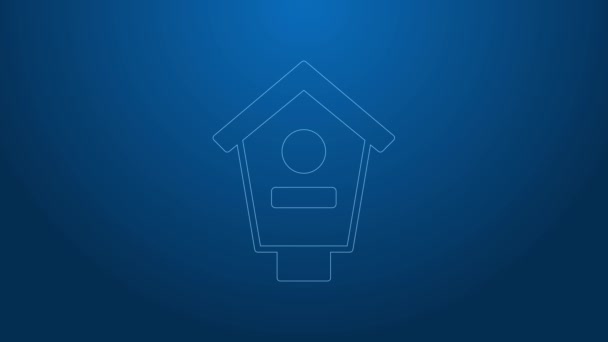 White line Bird house icon isolated on blue background. Nesting box birdhouse, homemade building for birds. 4K Video motion graphic animation — Stock Video