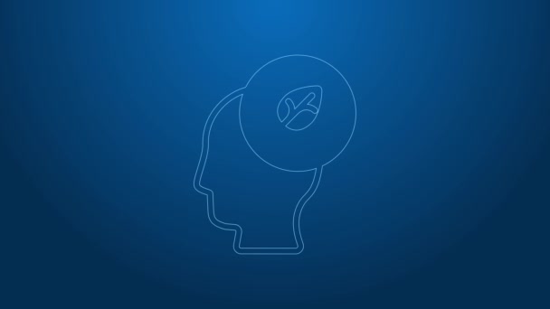 Vit linje Mänskligt huvud med blad inuti ikonen isolerad på blå bakgrund. 4K Video motion grafisk animation — Stockvideo