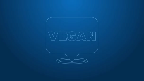 Linha branca Vegan ícone da dieta alimentar isolado no fundo azul. Orgânico, bio, símbolo ecológico. Vegan, sem carne, sem lactose, alimentos saudáveis, frescos e não violentos. Animação gráfica em movimento de vídeo 4K — Vídeo de Stock