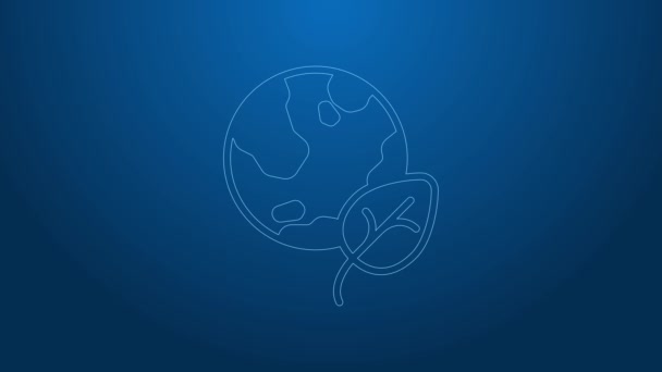 White line Earth globe and leaf icon isolated on blue background. World or Earth sign. Geometric shapes. Environmental concept. 4K Video motion graphic animation — Stock Video