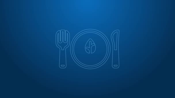 Beyaz çizgi vegan beslenme ikonu mavi arka planda izole edildi. Organik, biyolojik, ekolojik sembol. Vejetaryen, et yok, laktozsuz, sağlıklı, taze ve şiddet içermeyen yiyecekler. 4K Video hareketli grafik canlandırması — Stok video