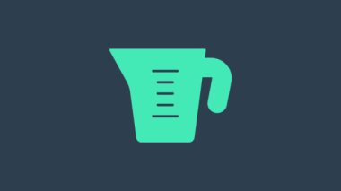 Mavi zemin üzerinde izole edilmiş kuru ve sıvı yiyecek ikonunu ölçmek için turkuaz ölçme kabı. Plastik şişenin sapı var. 4K Video hareketli grafik canlandırması