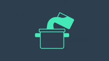 Turkuaz tencere ikonu mavi arka planda izole edildi. Haşlama ya da güveç besin sembolü. 4K Video hareketli grafik canlandırması