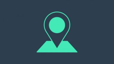 Turkuaz konum simgesi mavi arkaplanda izole edildi. Dünya ya da Dünya işareti. 4K Video hareketli grafik canlandırması