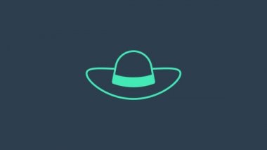 Mavi arka planda izole edilmiş turkuaz zarif kadın şapka ikonu. 4K Video hareketli grafik canlandırması