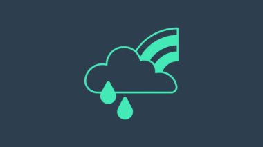 Mavi arka planda bulutlu ve yağmur ikonlu turkuaz gökkuşağı. 4K Video hareketli grafik canlandırması