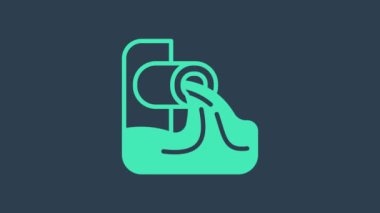 Mavi arkaplanda turkuaz atık su simgesi izole edildi. Kanalizasyon borusu. Borudan nehre sıvı akıyor. 4K Video hareketli grafik canlandırması