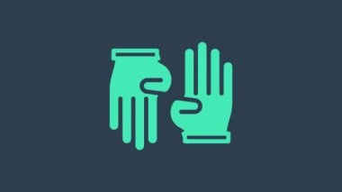 Mavi arka planda izole edilmiş turkuaz lastik eldiven ikonu. Lateks el koruması işareti. Ev işi temizlik ekipmanları sembolü. 4K Video hareketli grafik canlandırması