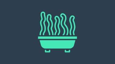 Tencere ikonunda turkuaz bitki mavi arka planda izole edildi. Tencerede yetişen bir bitki. Saksı bitkisi işareti. 4K Video hareketli grafik canlandırması