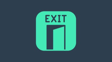 Turkuaz yangın çıkış simgesi mavi arkaplanda izole edildi. Acil durum ikonunu ateşle. 4K Video hareketli grafik canlandırması