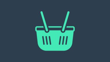 Turkuaz alışveriş sepeti simgesi mavi arkaplanda izole edildi. İnternetten satın alma konsepti. Servis tabelası. Alışveriş arabası sembolü. 4K Video hareketli grafik canlandırması