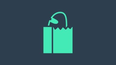 Mavi arka planda izole edilmiş ekmek somunu ikonlu turkuaz kağıt çanta. 4K Video hareketli grafik canlandırması