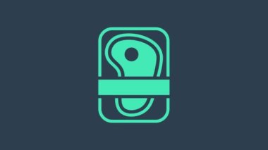 Mavi arka planda turkuaz et paketleme ikonu izole edildi. Plastik pakette taze biftek. Organik ürün. 4K Video hareketli grafik canlandırması