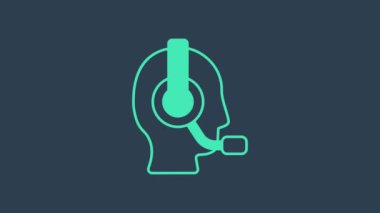 Mavi arka planda izole edilmiş kulaklık simgesi olan turkuaz adam. Destek operatörü hatta. Çağrı merkezi konsepti, müşteri destek servisi. 4K Video hareketli grafik canlandırması