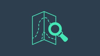 Turkuaz Arama konumu simgesi mavi arkaplanda izole edildi. İşaretli büyüteç. 4K Video hareketli grafik canlandırması