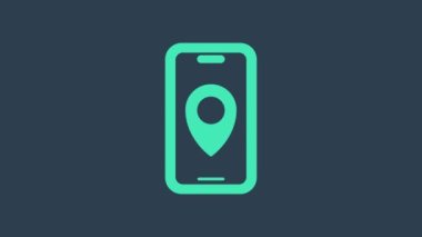 Şehir haritası navigasyon simgesinin turkuaz bilgileri mavi arkaplanda izole edildi. Mobil Uygulama Arayüzü tasarımı. Coğrafi konsept. 4K Video hareketli grafik canlandırması