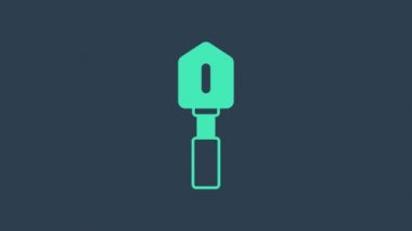 Mavi arkaplanda turkuaz kürek simgesi izole edildi. Bahçe aletleri. Bahçecilik, tarım, çiftçilik aleti. 4K Video hareketli grafik canlandırması