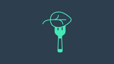 Turkuaz vegan beslenme ikonu mavi arka planda izole edildi. Organik, biyolojik, ekolojik sembol. Vejetaryen, et yok, laktozsuz, sağlıklı, taze ve şiddet içermeyen yiyecekler. 4K Video hareketli grafik canlandırması