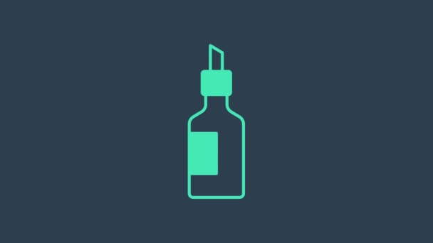 Bottiglia turchese di icona dell'olio d'oliva isolata su fondo blu. Caraffa con icona olio d'oliva. Animazione grafica 4K Video motion — Video Stock