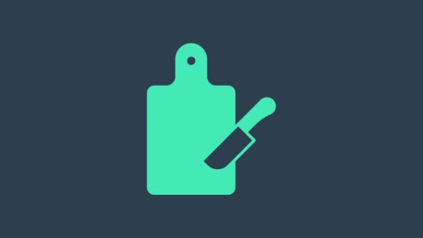 Türkiz Vágódeszka és kés ikon elszigetelt kék alapon. Vágódeszka szimbólum. Evőeszköz szimbólum. 4K Videó mozgás grafikus animáció — Stock videók