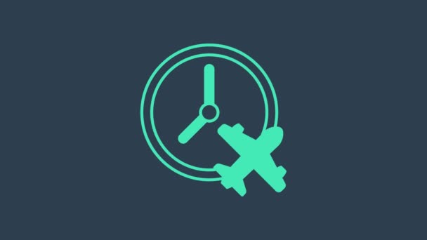 Turquoise Clock with airplane icon isolated on blue background. Designation of time before departure, check-in for flight and arrival time symbol. 4K Video motion graphic animation — Stock Video